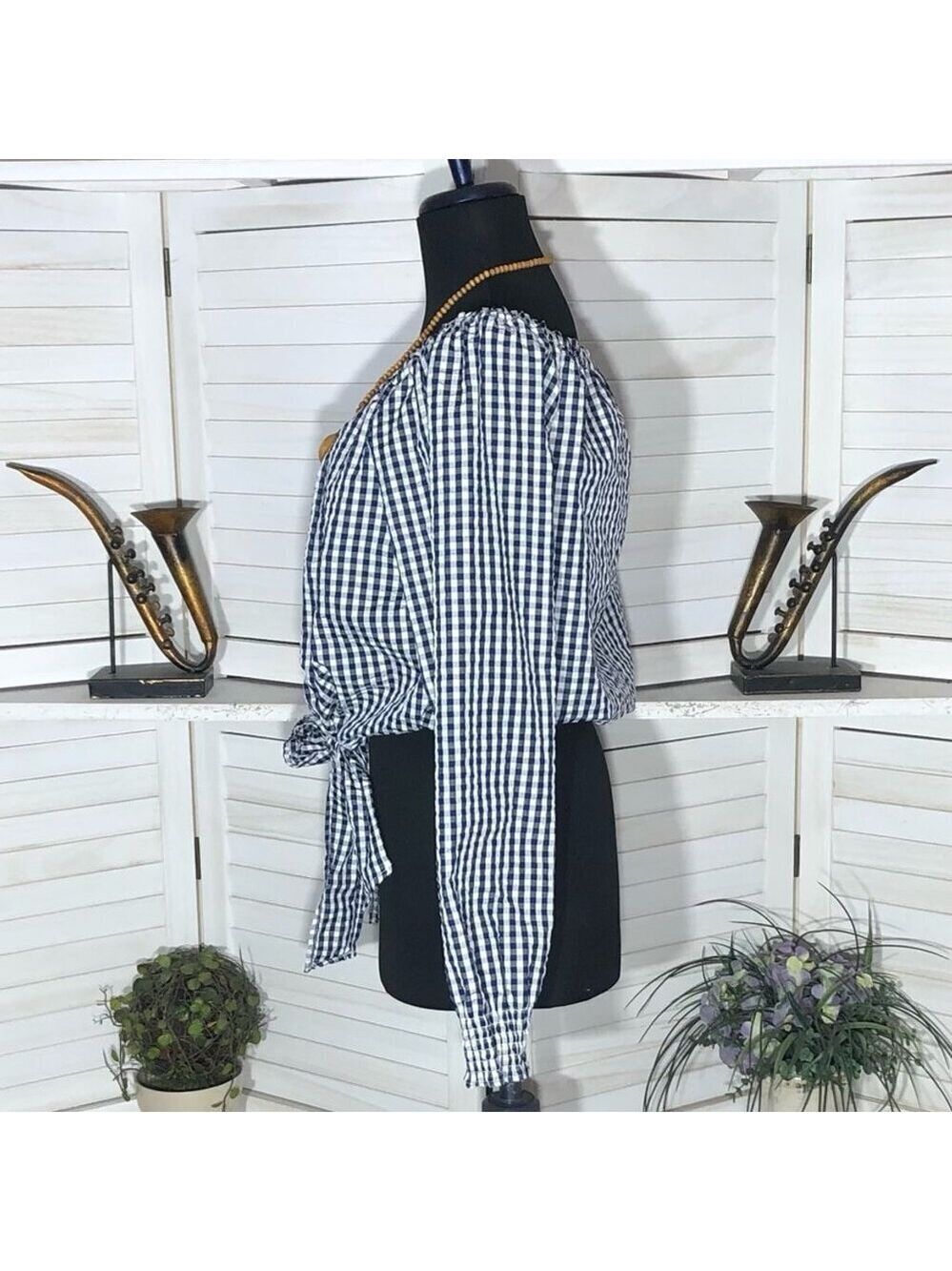 Gingham blouse off-shoulder tie waist coastal country cottage western festival M - Picture 4 of 9